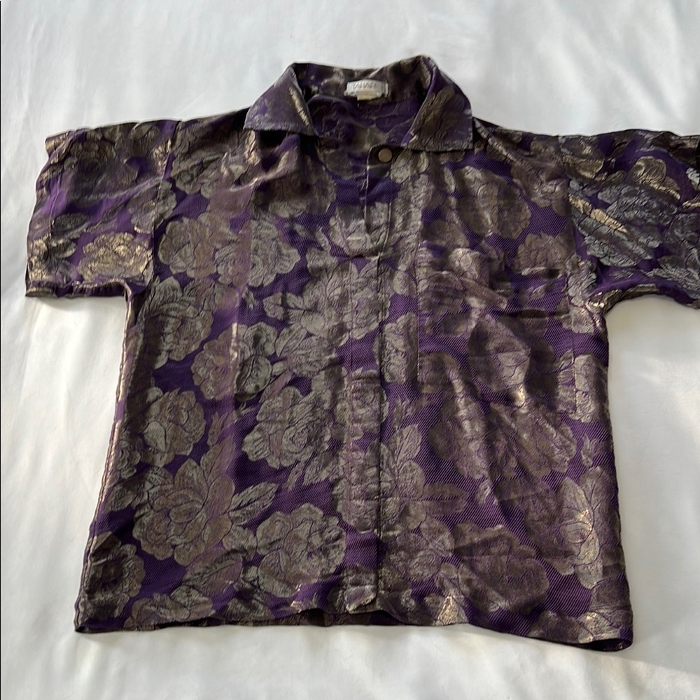 Vintage 90s Tahari Silk Blend Purple Blouse with Gold Flowers